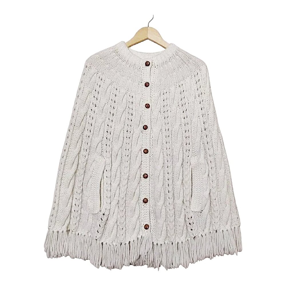 Vintage Handmade Crochet Cable Knit Button Fringe Poncho Cardigan Boho/Hippie OS